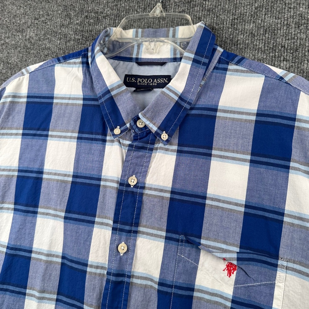 US Polo Assn Mens 3XL Blue White Plaid Short Sleeve Button Down Cotton Shirt